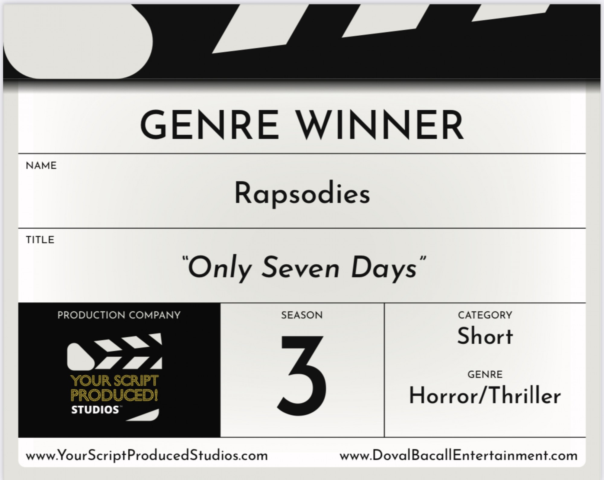 Only Seven Days Horror genre winner in "Your Script Produced! Season 3" contest