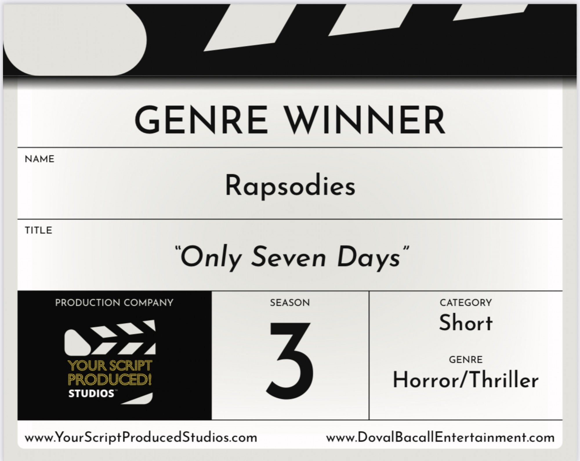 Only Seven Days Horror genre winner in "Your Script Produced! Season 3" contest Only Seven Days Horror genre winner in "Your Script Produced! Season 3" contest