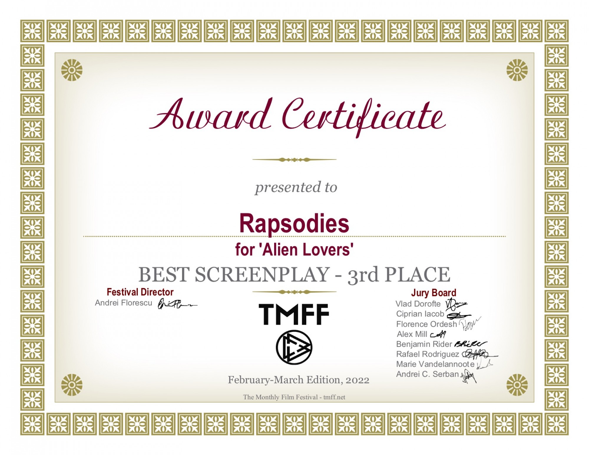 Best Feature Screenplay - Winner - 3rd