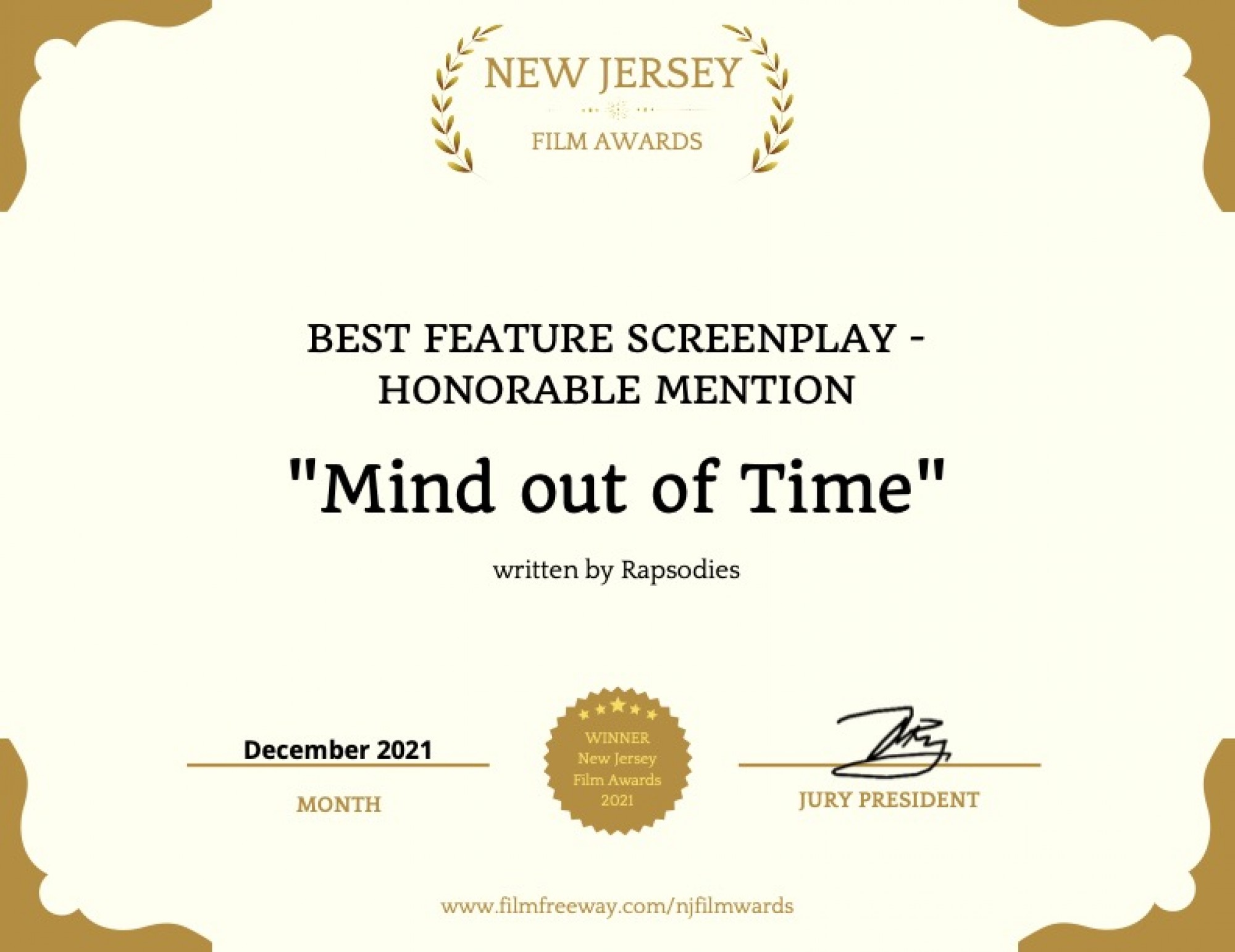 Mind out of Time - Best Feature Screenplay - Honorable Mention