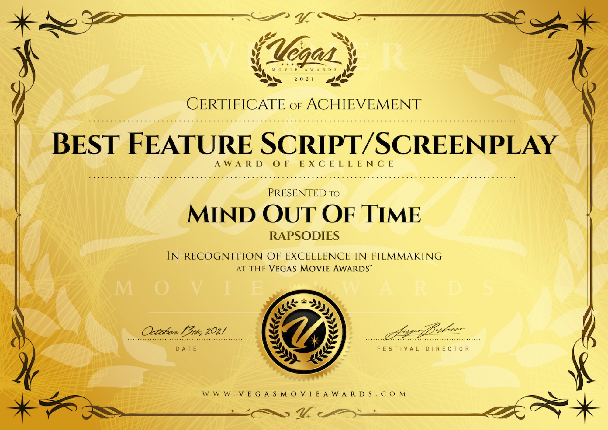 Mind out of Time - Best Feature Screenplay - Award of Excellence