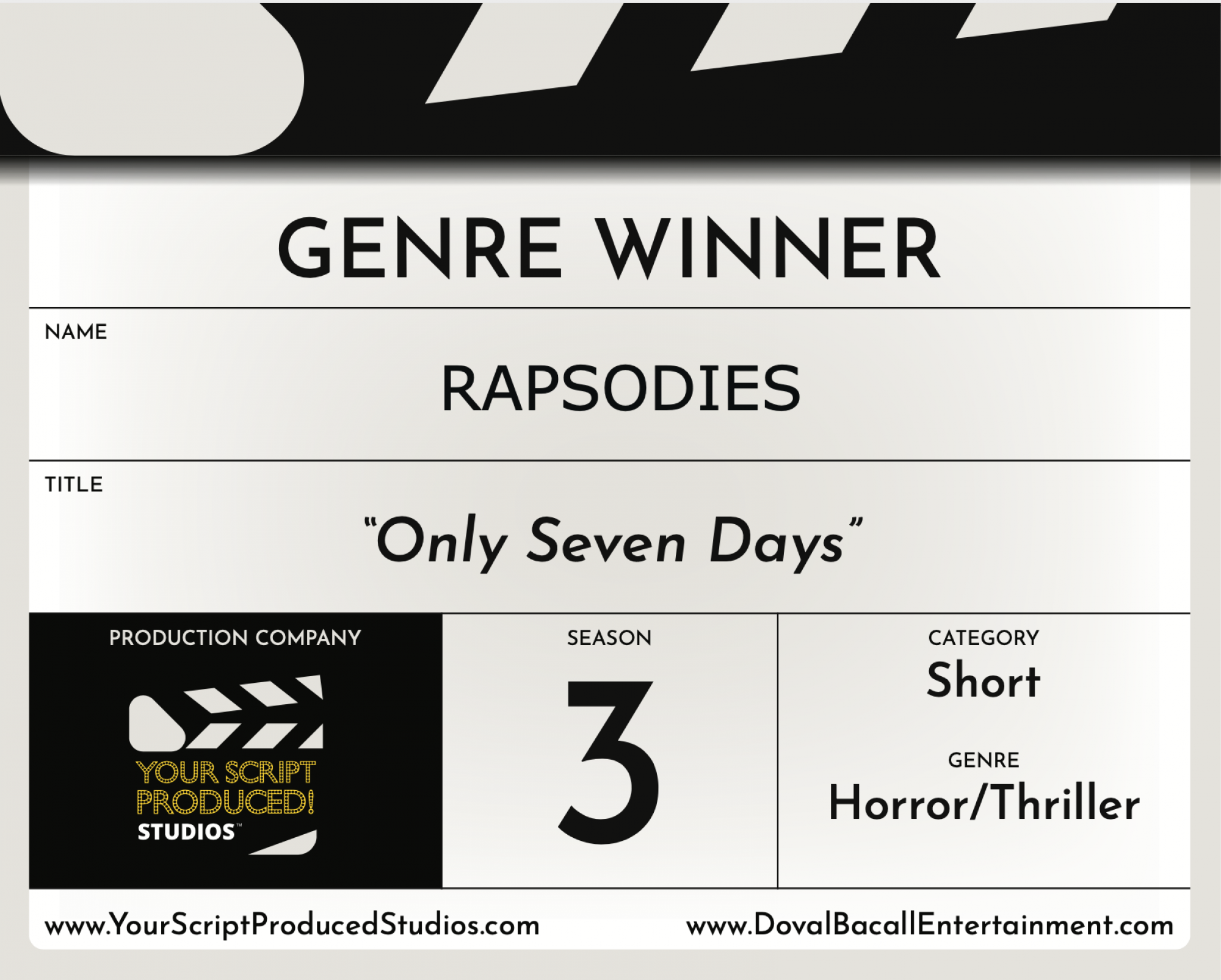 Only Seven Days Horror genre winner in "Your Script Produced! Season 3" contest