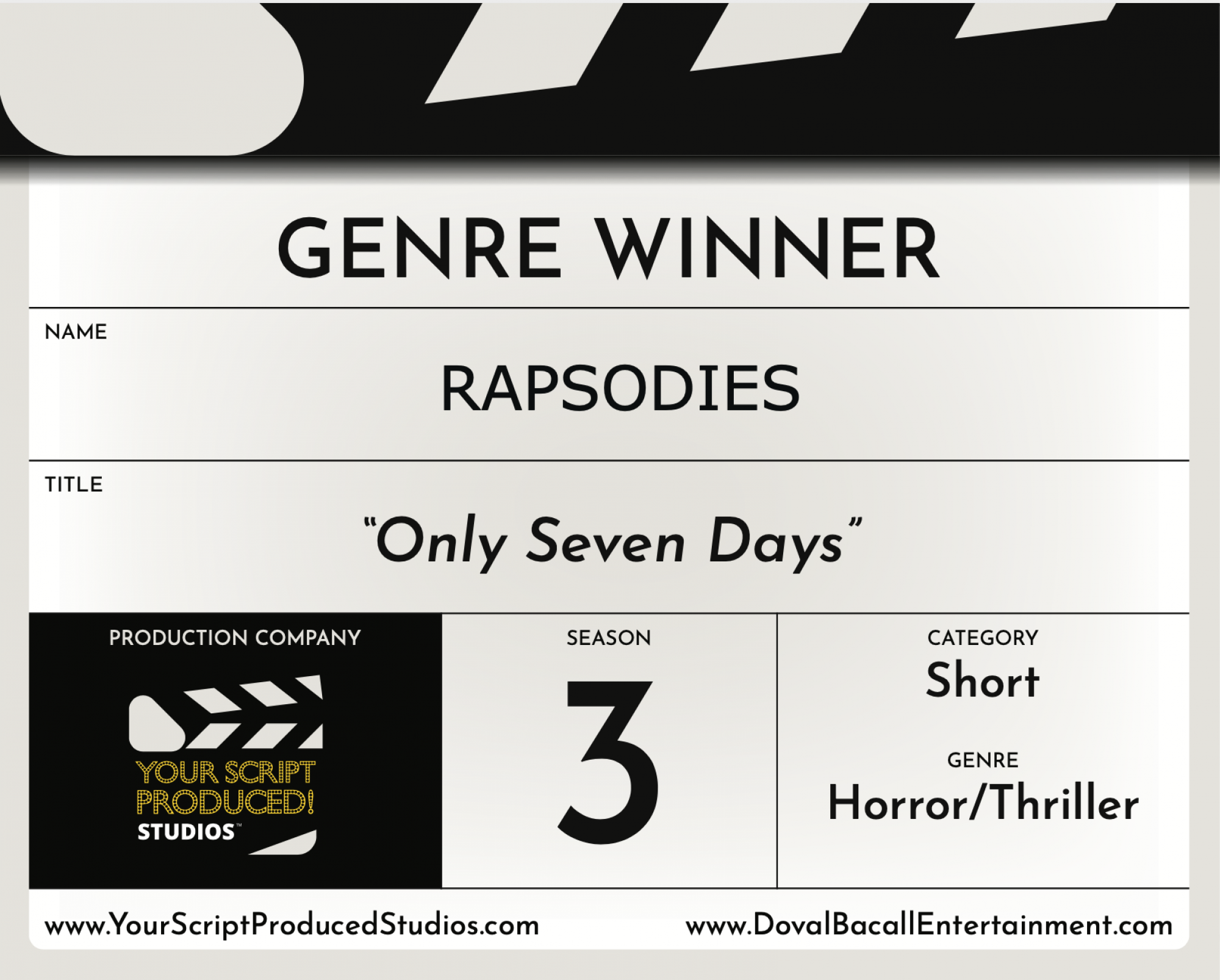Only Seven Days Horror genre winner in "Your Script Produced! Season 3" contest Only Seven Days Horror genre winner in "Your Script Produced! Season 3" contest