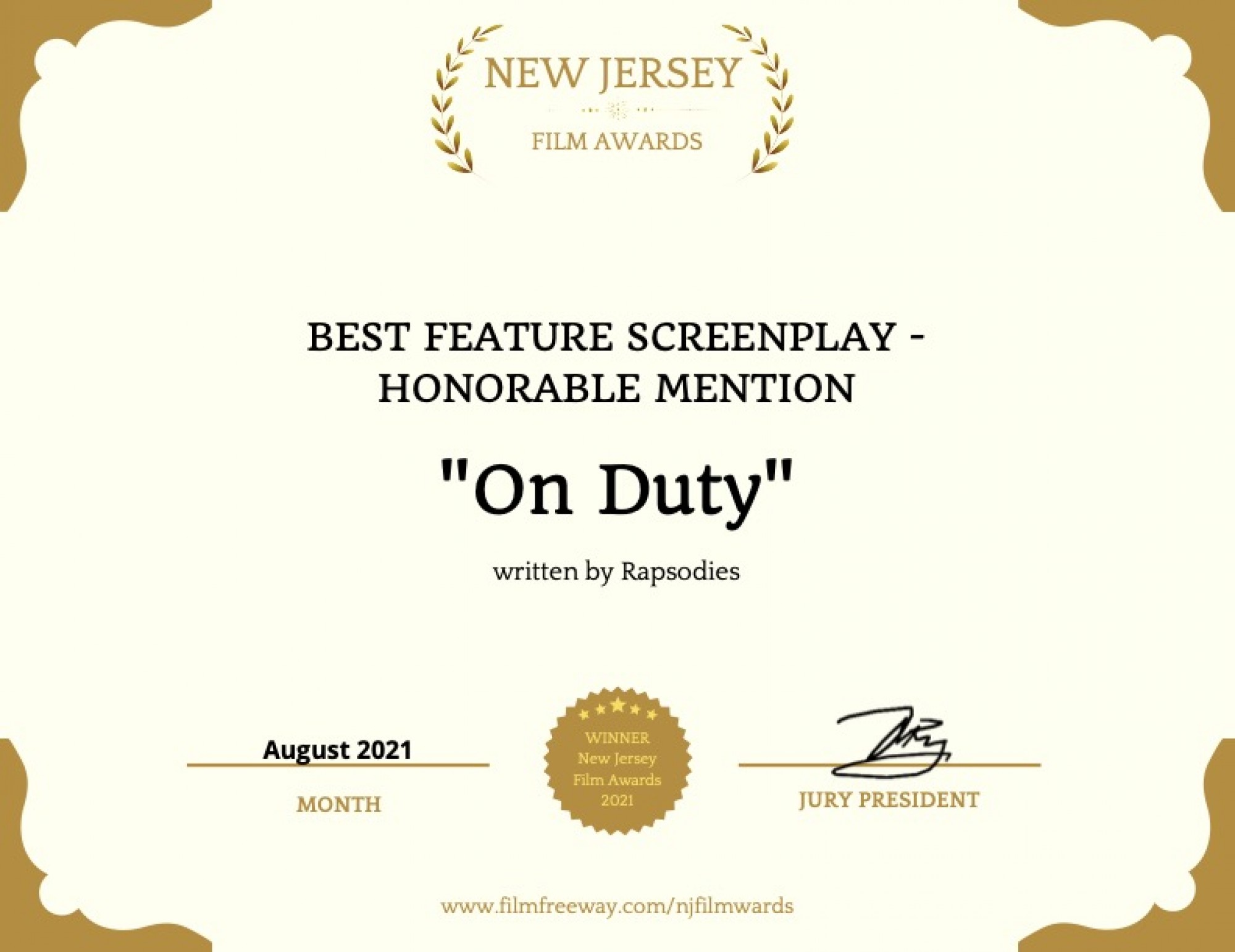 On Duty - Best Feature Screenplay - Honorable Mention