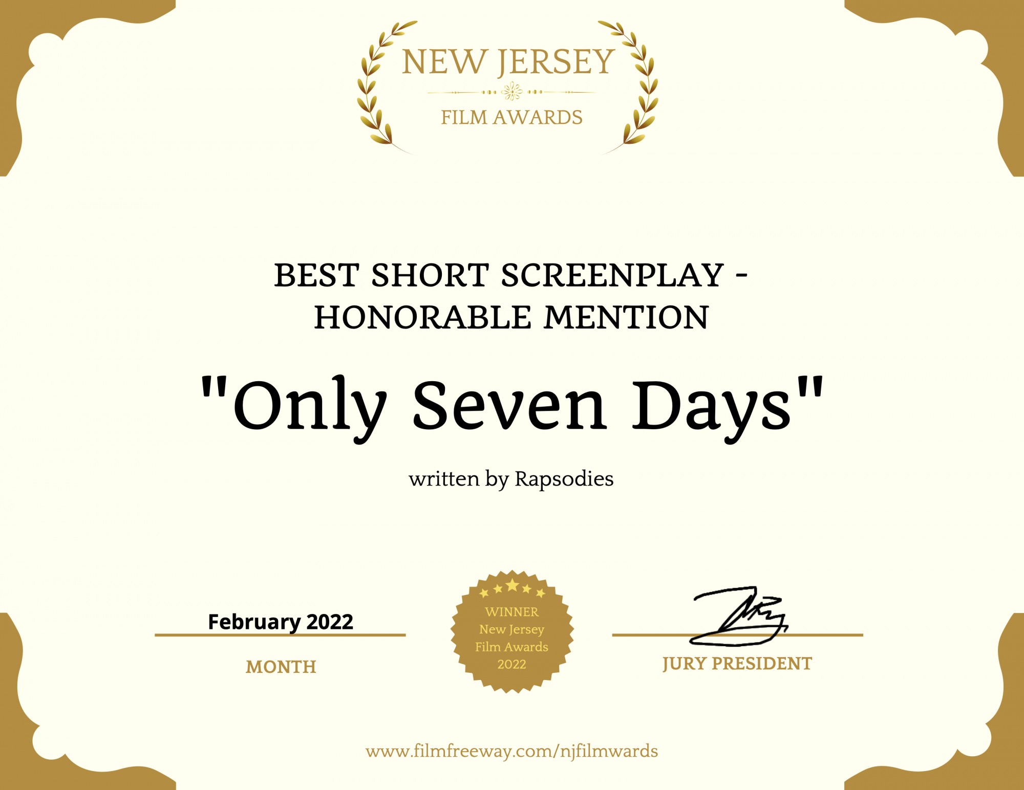 Only Seven Days - Best Short Screenplay - Honorable mention