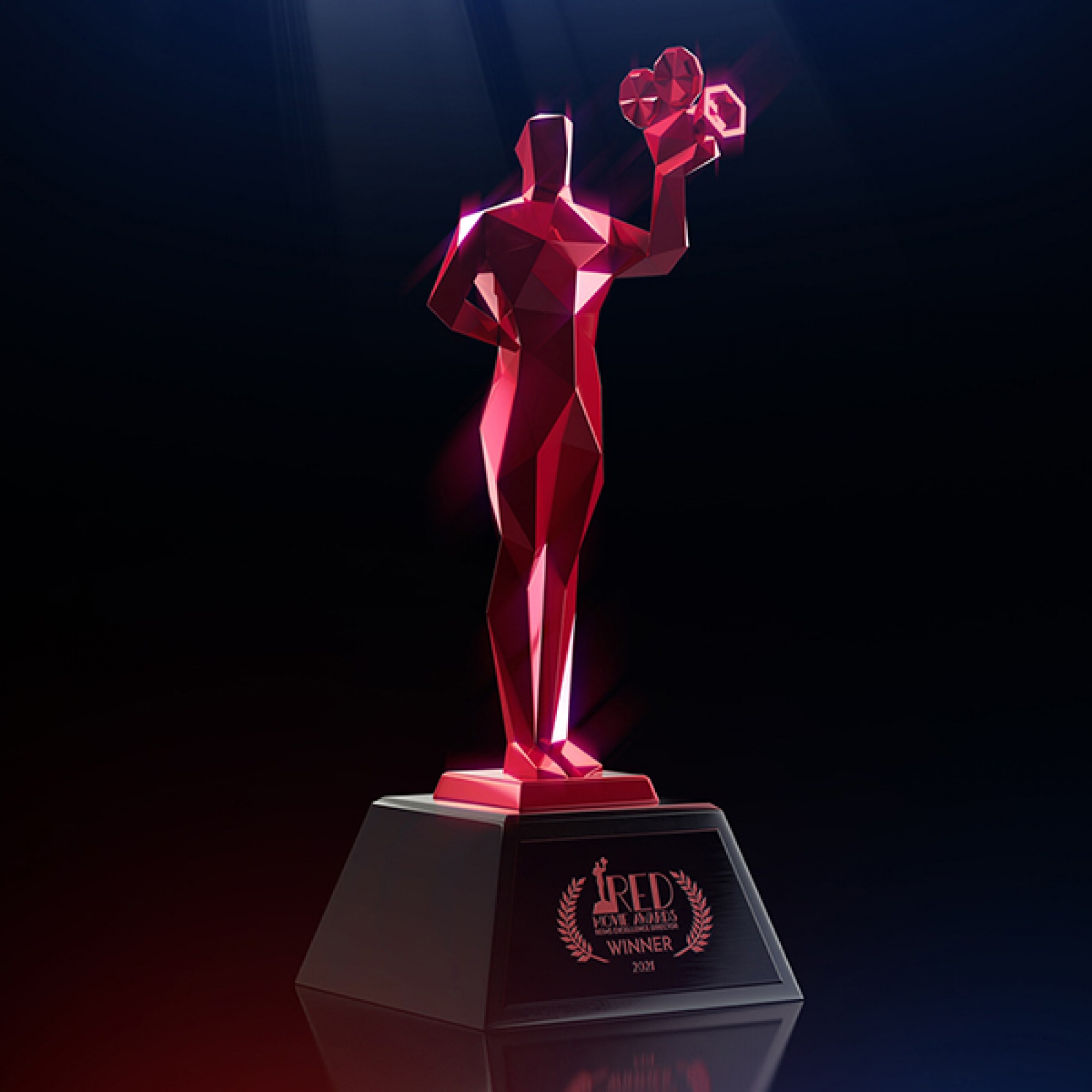 Beautiful statuette of the Red Movie Awards, made by the Society Awards known for its Youtube awards and the manufacture of the Emmy Award and the Golden Globe Award.