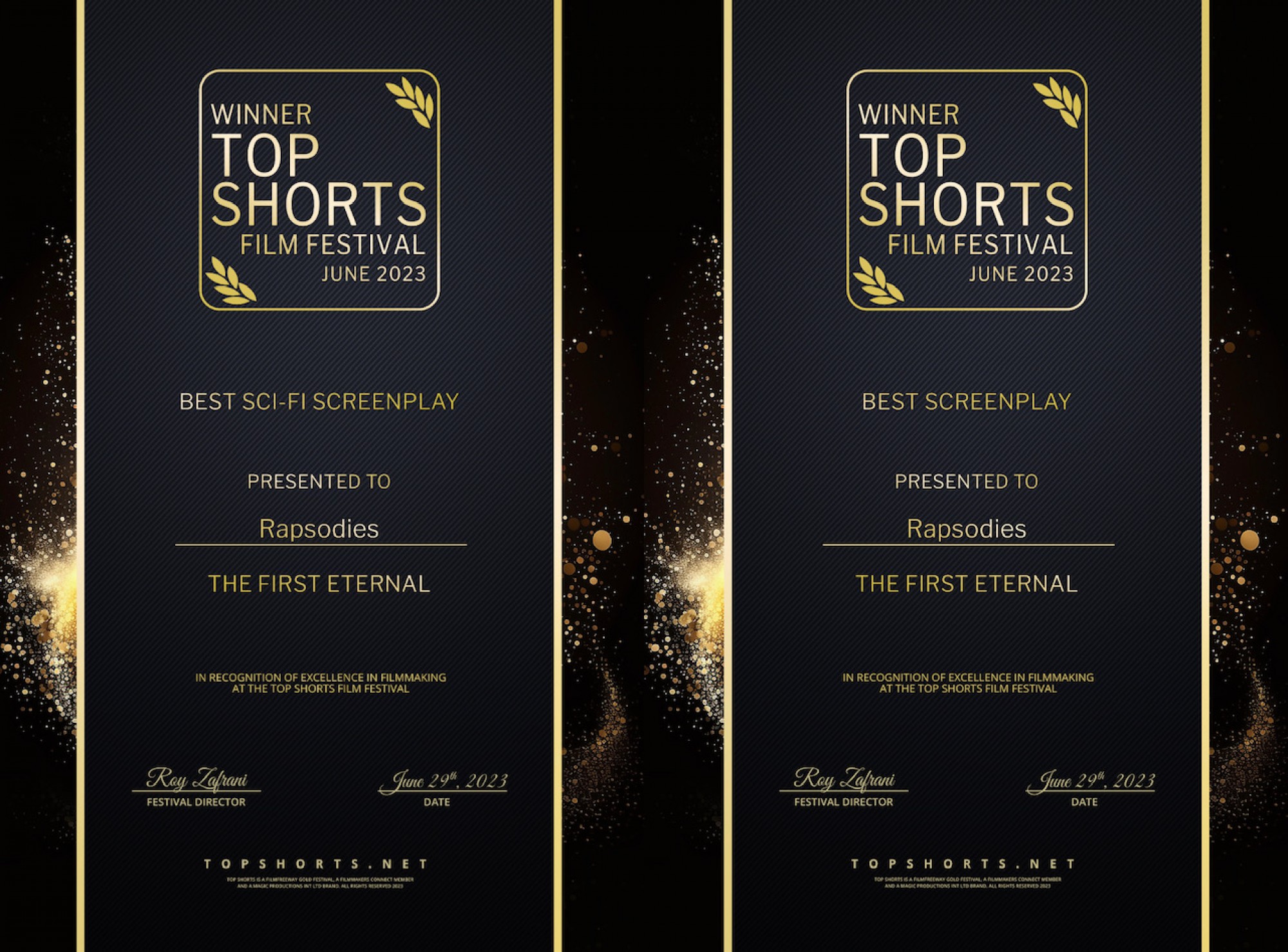 The First Eternal Best Screenplay at Top Shorts!